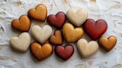 Rustic wooden hearts in varied earth tones on textured white surface