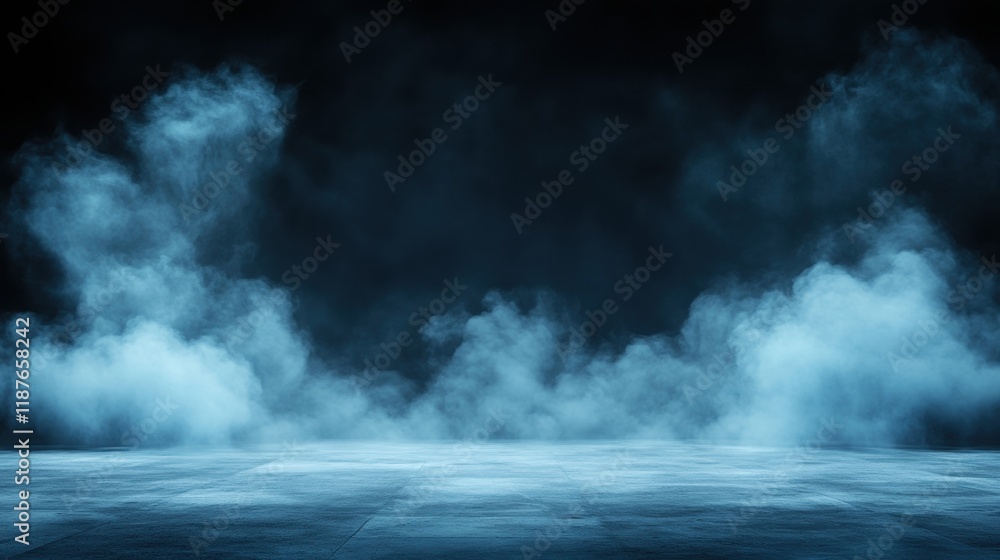 Poster a misty, dark scene with fog swirling above a reflective surface, creating an atmospheric and myster