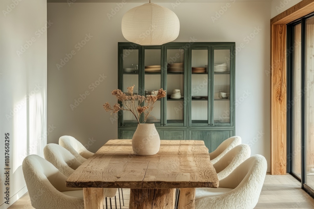 Canvas Prints Rustic dining room with wooden table and green cabinet in bright natural light