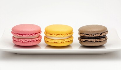 Obraz premium Vibrant French Macarons on White Plate. Perfectly Arranged Gourmet Dessert Photography
