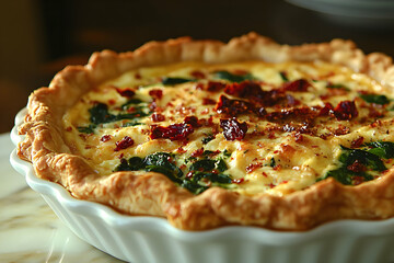 A savory spinach and feta quiche with sun-dried tomatoes, baked in a flaky crust. The golden brown crust and creamy filling are visually appealing, ma