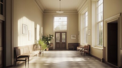 Fototapeta premium Spacious Waiting Room with Comfortable Seating and Neutral Lighting, Featuring an Organized Setting in a Wide Angle Shot, Ideal for Stock Imagery or Interior Design Projects