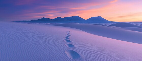 Footprints on a tranquil white desert at sunrise, with mountains in the background.