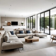 Fototapeta premium Modern minimalist living room with sectional sofa and large windows