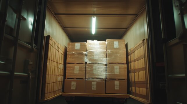 Spacious Industrial Interior Featuring Stacked Goods in Neutral Lighting with Focus on Tight Layout and Wide Shot Perspective
