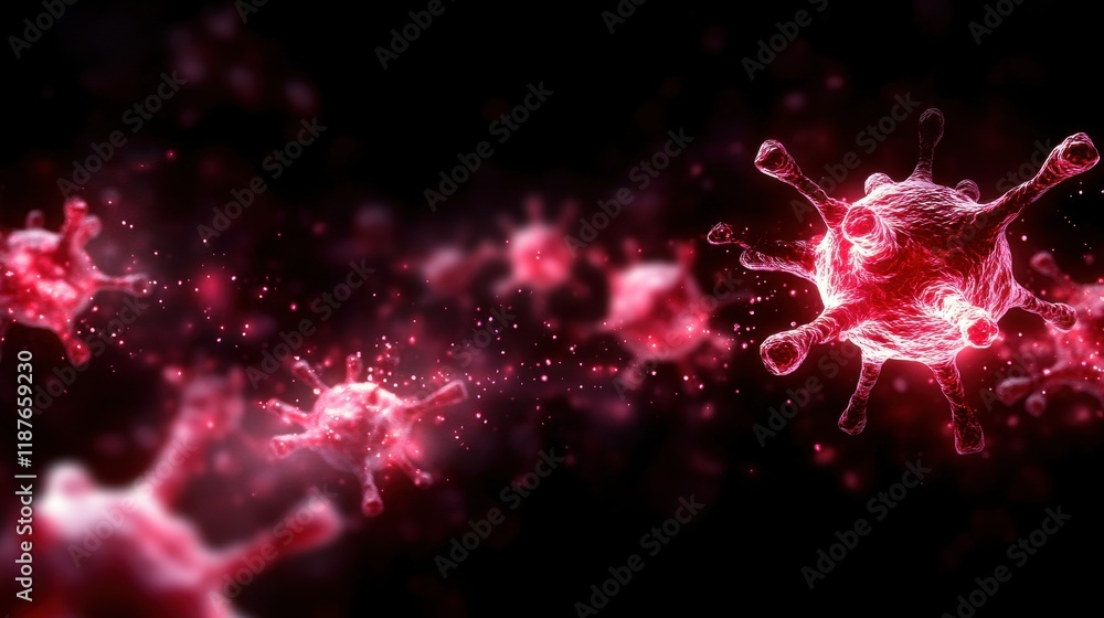 Poster a close-up view of red, microscopic virus particles against a dark background, highlighting their in