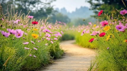 Obraz premium A Serene Pathway Lined with Colorful Wildflowers Under Soft Natural Light in a Rural Setting Perfect for Scenic Nature Photography