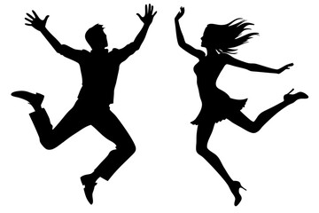 Man and woman jumping silhouette vector art illustration