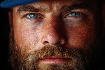 Fototapeta premium Close-up of caucasian male with beard and blue eyes