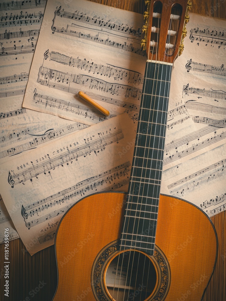 Leinwandbilder guitar placed on wooden surface surrounded by scattered sheet music and a tuning fork in a cozy sett