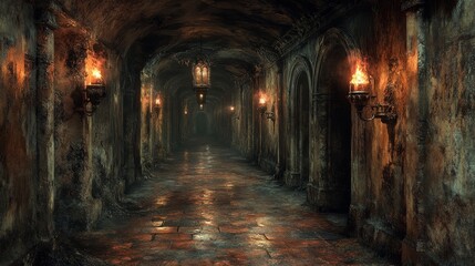 Fototapeta premium Dimly lit medieval stone corridor with torches and arched doorways