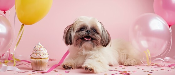 Cute Dog Celebrating Birthday with Balloons and Cupcake | Adorable Puppy Party, Cute Dog Celebrating Birthday with Balloons and Cupcake | Adorab