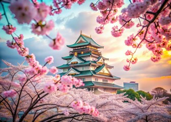 Fototapeta premium Osaka Castle Cherry Blossom Dreamy Photography AI Art