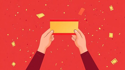 Hands holding red and yellow envelope amidst falling confetti
