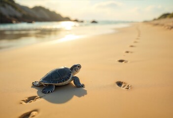 Obraz premium Baby sea turtle on a golden sandy beach in the early morning light with footprints trailing behind it and a distant rocky coastline