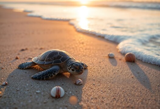 Baby sea turtle crawling on a sandy beach during sunset with soft waves gently lapping at the shore and seashells scattered around