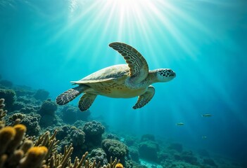 Fototapeta premium Green sea turtle gliding through the blue ocean water revealing a diverse underwater ecosystem of corals and schools of fish