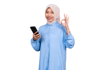 Woman hijab with phone isolated transparent