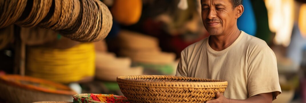 An artisan stands confidently amidst colorful baskets, showcasing traditional craftsmanship and the rich cultural heritage of handmade artistry in a vibrant marketplace.