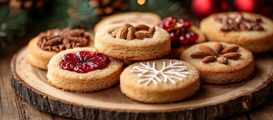 Festive cookies on wooden board, Christmas background