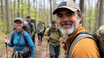 Fototapeta premium Portrait active middle-aged man forties hiking scenic mountain landscape exuding confidence fitness passion outdoors natural sunlight terrain vibrant habit fresh casual advertising promotion sky