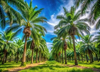Fototapeta premium Palm Oil Plantation Growth - Lush Landscape Under Blue Sky