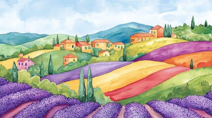 Colorful Watercolor Landscape of Rolling Hills