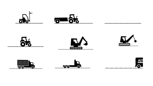 Construction vehicles set. Construction machines collection Heavy machinery for Excavator, Dump, truck, Mixer, truck, Pile, forklift. transportation background construction car moving animation.
