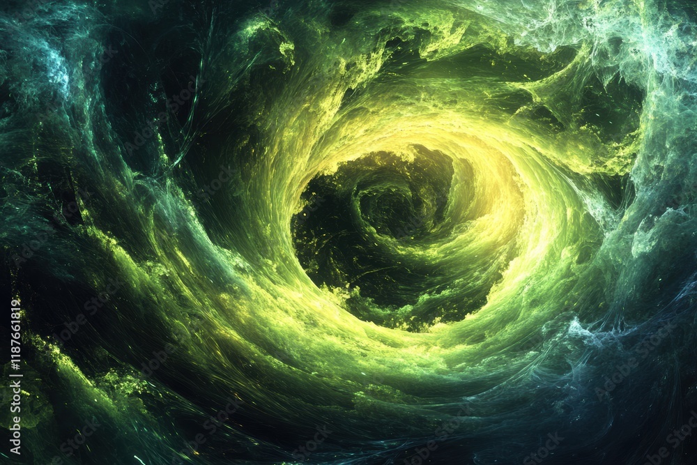 Poster swirling bacteria and microbes in vibrant green liquid environment cascading through dynamic flow pa