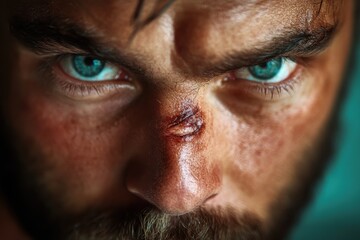 Obraz premium Intense close-up of caucasian male with bruised nose and piercing blue eyes