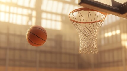 Basketball approaching hoop in sunlit indoor court