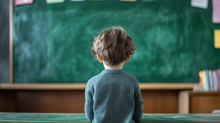 Adorable child drawing on green writing board in classroom, back view