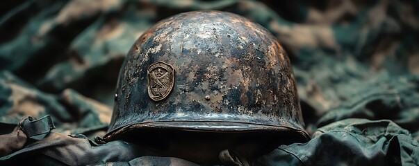 Weathered military helmet rests on camouflage fabric. (1)