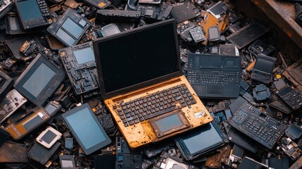 A cluttered scene of electronic waste, featuring discarded devices.