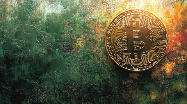 Golden bitcoin on grungy green background highlighting cryptocurrency concept