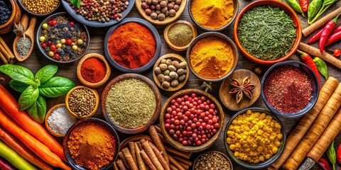 Panoramic Spice Variety - Top Down View - Colorful Spices