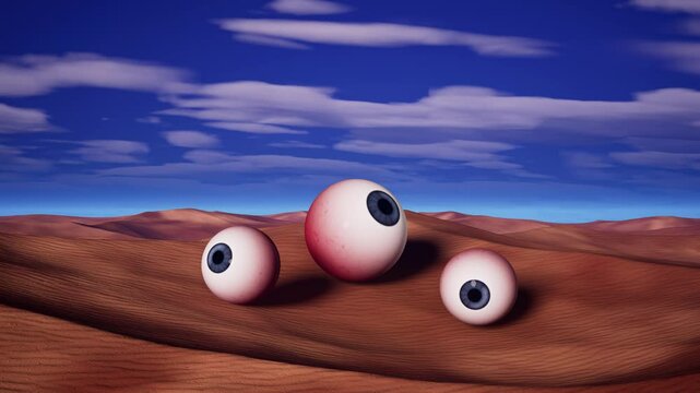 Desert Landscape Against Cloudy Sky With Floating Eyeballs