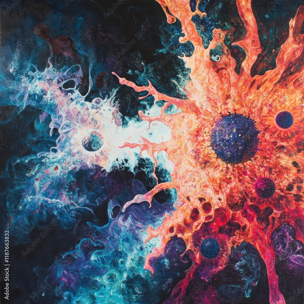 Poster virus transformation and mutation depicted through vibrant colors and dynamic shapes in a cosmic bac
