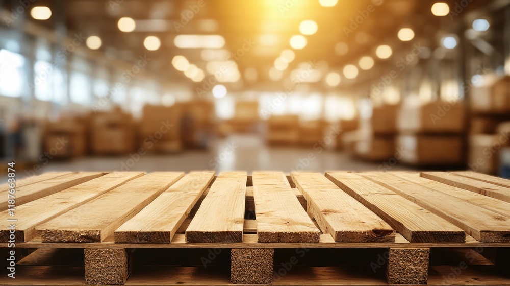 Aufkleber a wooden pallet in a warehouse setting, illuminated by warm light, with blurred boxes in the backgro