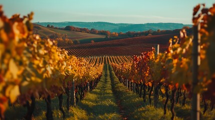 Naklejka premium Vibrant Autumn Vineyard Landscape - Scenic Winery Photography