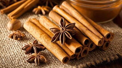 Close-Up of Anise and Cinnamon Sticks on a Burlap Surface with Warm Ambient Lighting, Creating a Cozy and Inviting Atmosphere for Culinary Inspiration