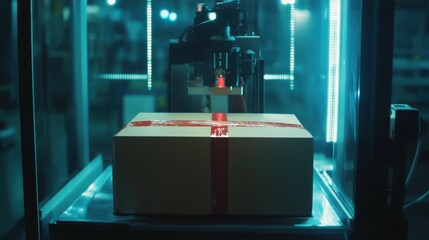 Close-Up View of an Automated Machine Sealing Boxes in a Bright Factory Environment with Modern Lighting and Apparatus Focused on Packaging Efficiency