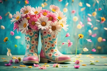 Fototapeta premium Pastel Daisies in Rubber Boots - AI Wallpaper