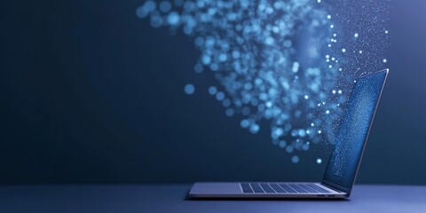 A sleek laptop radiates a burst of digital particles, symbolizing the fusion of technology and creativity in our modern world, where ideas and innovation thrive.