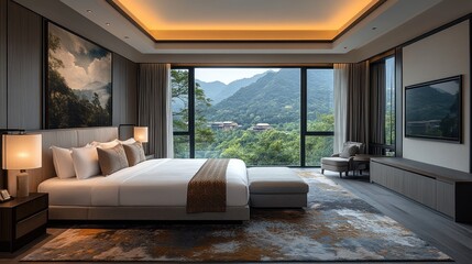 Modern bedroom with scenic mountain view and elegant decor.