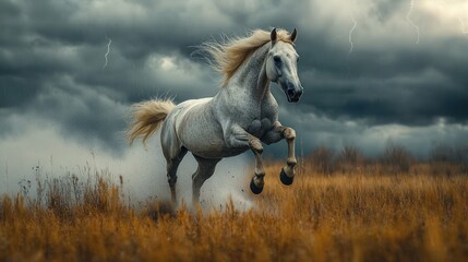 Fototapeta premium White horse galloping in a stormy field.