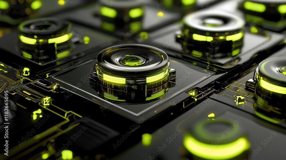 Poster close-up of futuristic metallic components with glowing green accents on a dark circuit board.