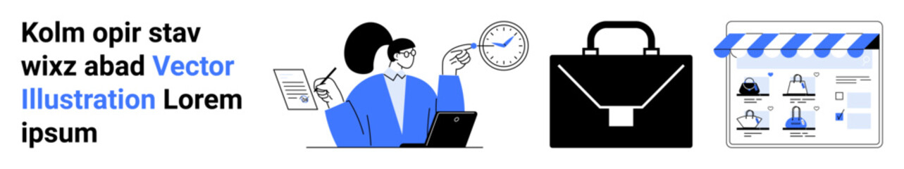 Businesswoman pointing at charts, holding file, and using a laptop large black briefcase icon online shop webpage with product icons and awning. Ideal for business analysis, office work, time