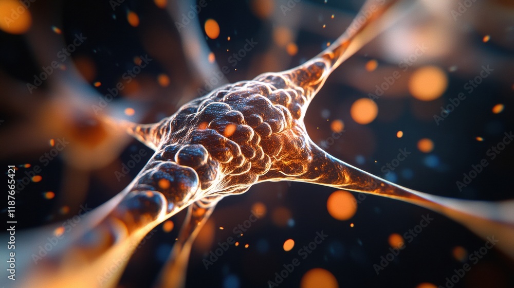 Poster a close-up view of a neuron structure, showcasing intricate details and glowing particles, represent