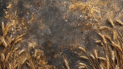 Golden wheat stalks on dark textured background.